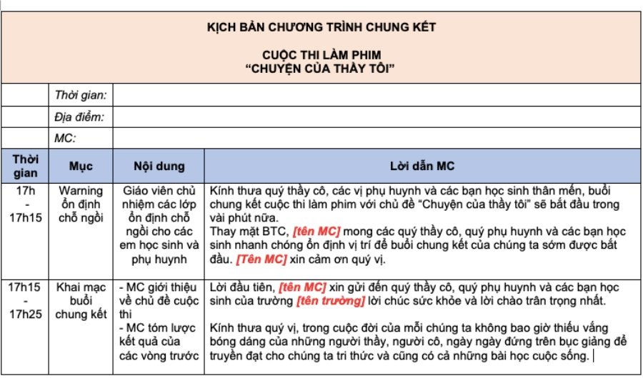 Kịch bản chương trình tri ân thầy cô