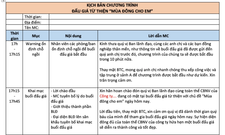 Kịch bản Đấu giá từ thiện Giáng sinh