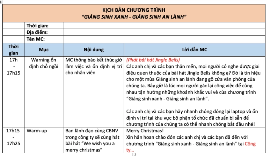 Kịch bản chương trình Giáng sinh xanh