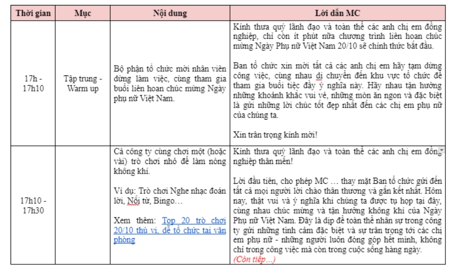 Kịch bản mẫu chương trình 20/10 cho công ty