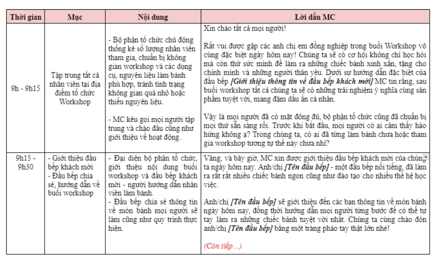 Kịch bản mẫu 20/10 chương trình làm bánh handmade